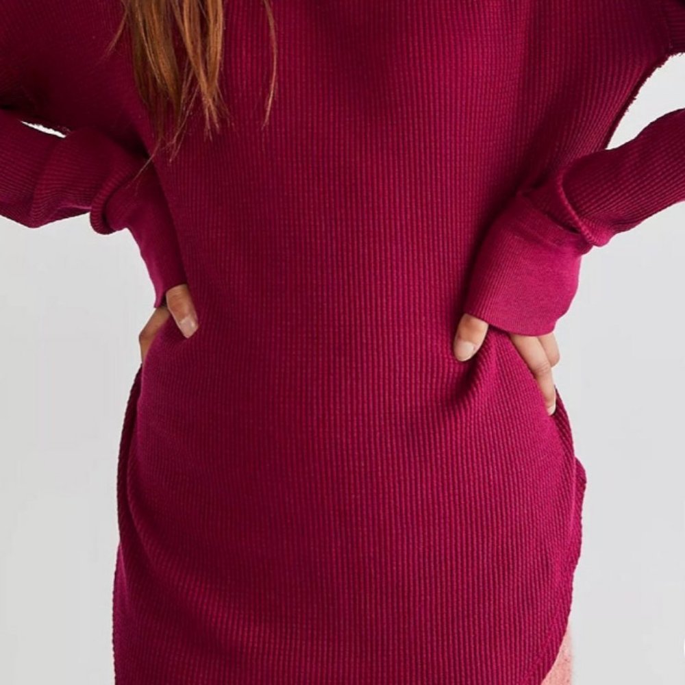 NEW Free People Just For You Cutout Shoulder Mock Neck Thermal Top Wine $98 S - Picture 9 of 11